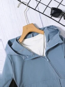 Tween Boy Letter Patched Detail Colourblock Flap Pocket Hooded Jacket Without Tee - Dusty Blue - View 3