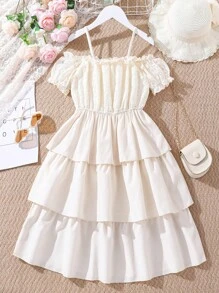 Tween Girl Two Layer Hem Cold Shoulder Frill Trim Dress - Apricot - View 1