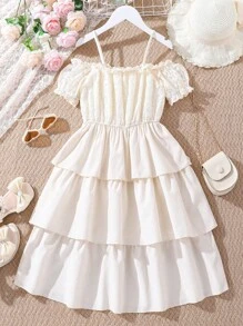 Tween Girl Two Layer Hem Cold Shoulder Frill Trim Dress - Apricot - View 2