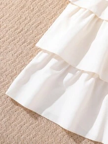 Tween Girl Two Layer Hem Cold Shoulder Frill Trim Dress - Apricot - View 5