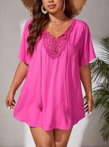 Swim Lushoire Plus Contrast Guipure Lace Tassel Tie Cover Up - Hot Pink - View 4