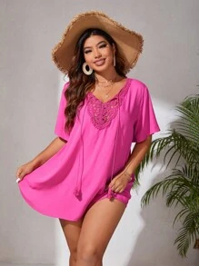 Swim Lushoire Plus Contrast Guipure Lace Tassel Tie Cover Up - Hot Pink - View 5