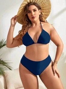 SHEIN Swim Curve Plus Size Trójkątne bikini z wysokim stanem i wiązaniem na szyi Summer Beach