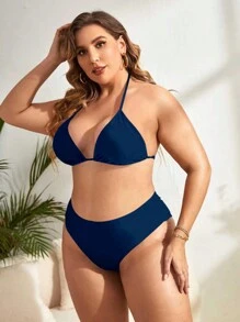 SHEIN Swim Curve Plus Size Trójkątne bikini z wysokim stanem i wiązaniem na szyi Summer Beach