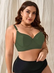 SHEIN Swim Curve 夏季大码纯色聚拢比基尼上衣 - 軍綠色 - 查看 1