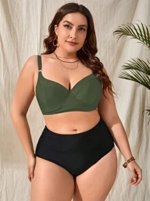 SHEIN Swim Curve 夏季大码纯色聚拢比基尼上衣 - 軍綠色 - 查看 3