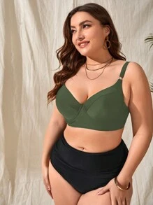 SHEIN Swim Curve 夏季大码纯色聚拢比基尼上衣 - 軍綠色 - 查看 4