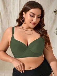 SHEIN Swim Curve 夏季大码纯色聚拢比基尼上衣 - 軍綠色 - 查看 5