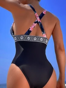 Floral Print Criss Cross Backless One Piece Swimsuit - Black - View 2