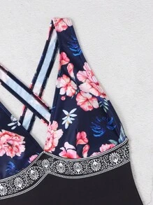 Floral Print Criss Cross Backless One Piece Swimsuit - Black - View 3