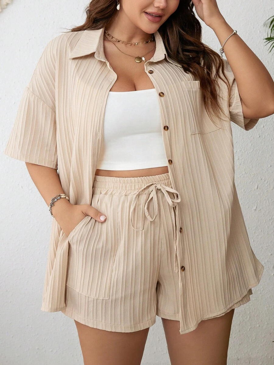 Dreamara Plus Size Boho Drop Shoulder Shirt & Drawstring Waist Shorts Two Pieces Outfits, For Summer - Apricot - View 1