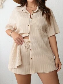 Dreamara Plus Size Boho Drop Shoulder Shirt & Drawstring Waist Shorts Two Pieces Outfits, For Summer - Apricot - View 3