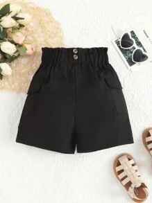 Sparklyn 女大童紙袋腰側翻蓋口袋工裝短褲 - 黑色 - 查看 1