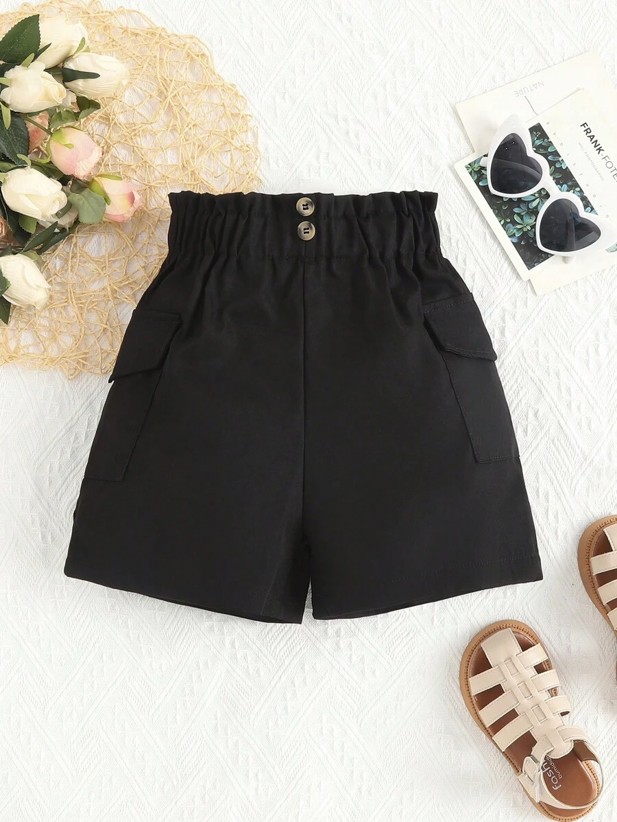 Sparklyn 女大童紙袋腰側翻蓋口袋工裝短褲 - 黑色 - 查看 1