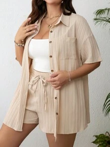 Dreamara Plus Size Boho Drop Shoulder Shirt & Drawstring Waist Shorts Two Pieces Outfits, For Summer - Apricot - View 4