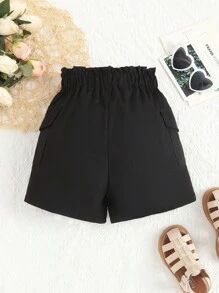 Sparklyn 女大童紙袋腰側翻蓋口袋工裝短褲 - 黑色 - 查看 2