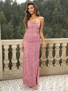 Joyfunear Split Thigh Sequin Cami Dress - Dusty Pink - View 3