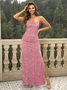 Joyfunear Split Thigh Sequin Cami Dress - Dusty Pink - View 6