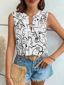 SHEIN LUNE Abstract Figure Graphic Notched Neckline Blouse - White - View 3