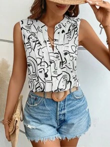 SHEIN LUNE Abstract Figure Graphic Notched Neckline Blouse - White - View 4