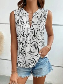 SHEIN LUNE Abstract Figure Graphic Notched Neckline Blouse - White - View 6