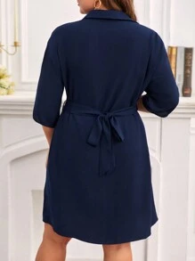 SHEIN Frenchy 大碼前紐扣襯衫連衣裙不附腰帶 - 藏蓝色 - 查看 5