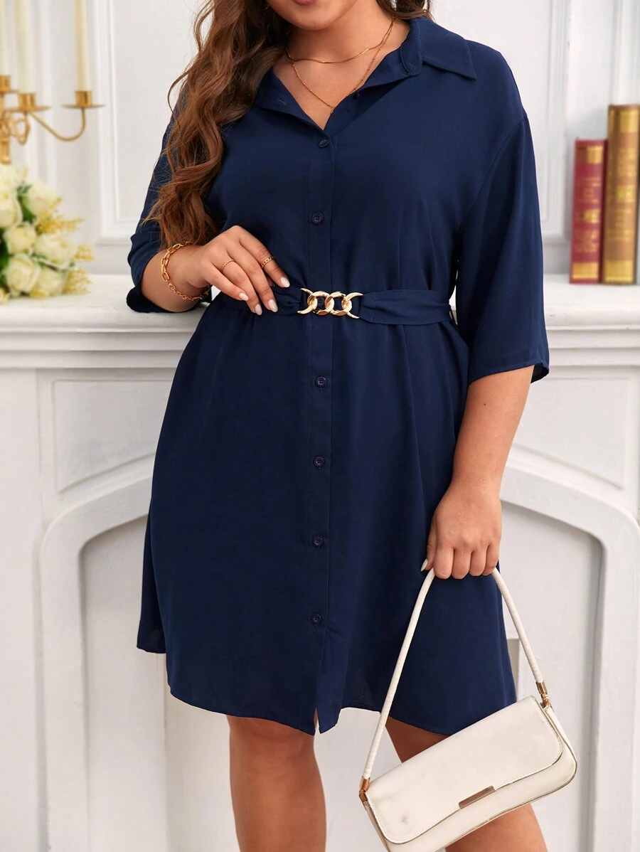 SHEIN Frenchy 大碼前紐扣襯衫連衣裙不附腰帶 - 藏蓝色 - 查看 1