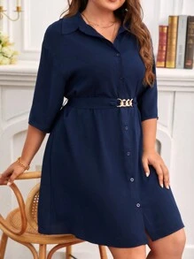 SHEIN Frenchy 大碼前紐扣襯衫連衣裙不附腰帶 - 藏蓝色 - 查看 3
