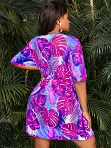 SHEIN Swim Curve 大碼熱帶圖案罩衫連衣裙 - 玫紅色 - 查看 2