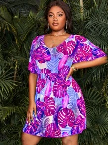 SHEIN Swim Curve 大碼熱帶圖案罩衫連衣裙 - 玫紅色 - 查看 3