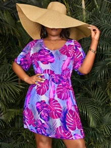 SHEIN Swim Curve 大碼熱帶圖案罩衫連衣裙 - 玫紅色 - 查看 4