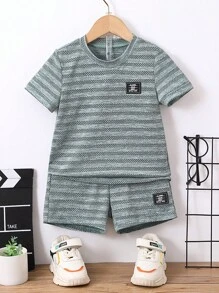 SHEIN 男嬰字母補丁細節T恤和短褲 - 綠色 - 查看 3