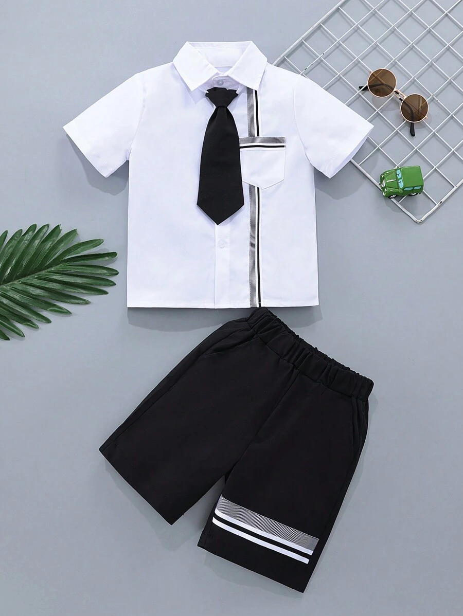 年輕男孩條紋圖案鈕扣襯衫和短褲，適合派對和正式場合，黑白套裝 - 黑與白 - 查看 1
