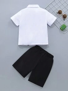 年輕男孩條紋圖案鈕扣襯衫和短褲，適合派對和正式場合，黑白套裝 - 黑與白 - 查看 2