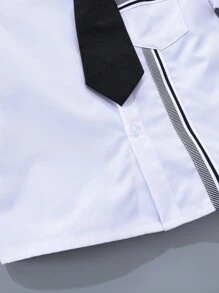 年輕男孩條紋圖案鈕扣襯衫和短褲，適合派對和正式場合，黑白套裝 - 黑與白 - 查看 3