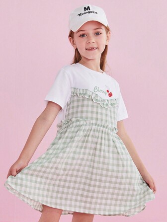 Teen Girls Gingham Print Frill Trim Dress