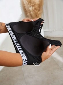 Yoga Trendy Bras thể thao Plus Size Tương phản Mesh Hội Chữ thập Ruy băng Lá thư màu trơn - màu đen - Xem 6