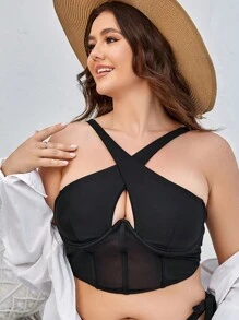 SHEIN Swim Curve Hơn Lưới tương phản Vòng thép Áo bikini - màu đen - Xem 3