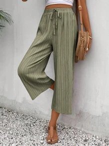 SHEIN Frenchy Tie Waist Wide Leg Trousers - Army Green - View 1