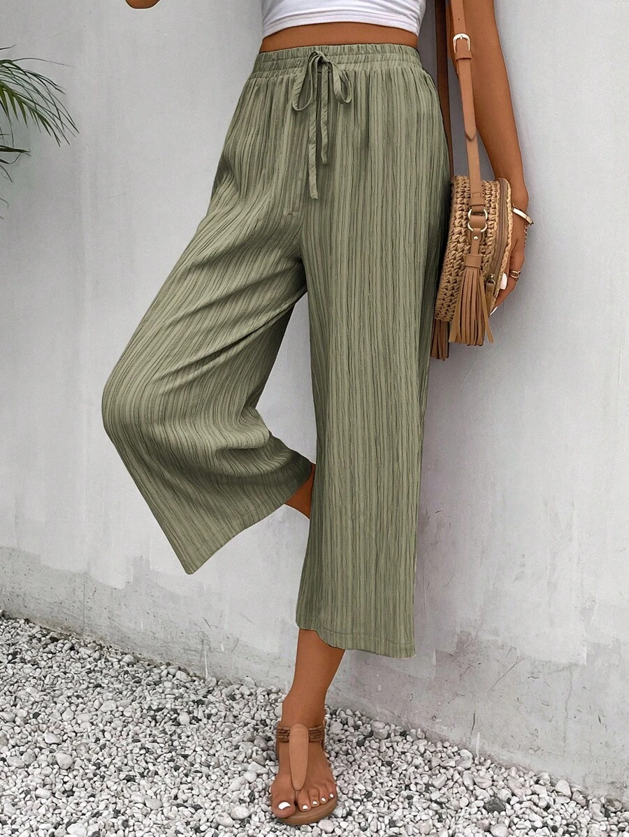 SHEIN Frenchy Tie Waist Wide Leg Trousers - Army Green - View 1