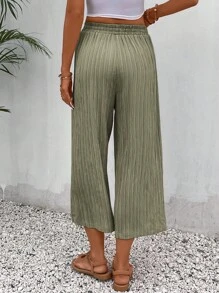 SHEIN Frenchy Tie Waist Wide Leg Trousers - Army Green - View 2