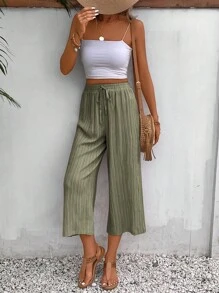 SHEIN Frenchy Tie Waist Wide Leg Trousers - Army Green - View 3