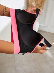 SHEIN Rhythm Era Sutien sport cu legare în contrast de dimensiuni plus mari, susținere înaltă cu tampoane cusute, tampoane nedetașabile pentru femei, cu susținere ridicată, spate curse, antrenament, yoga, alergare