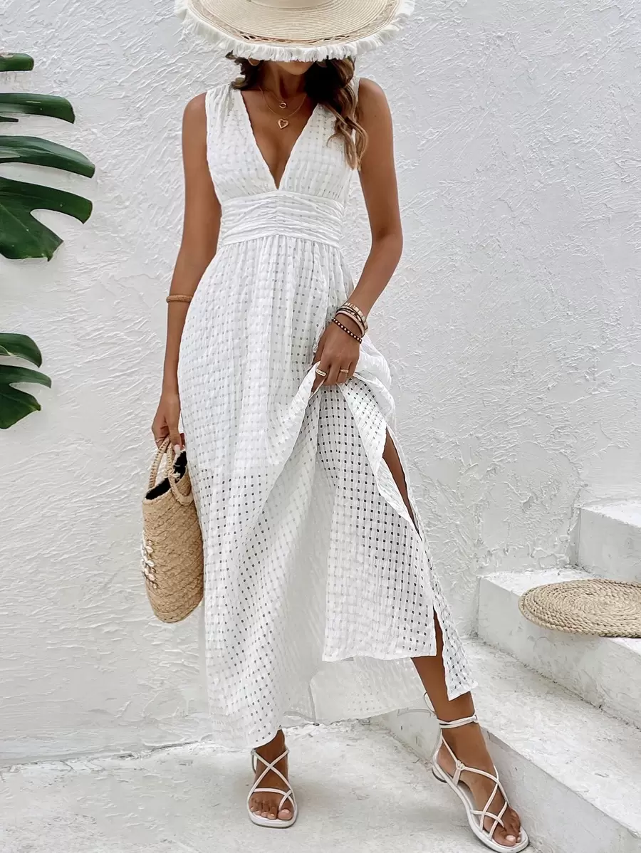 SHEIN Frenchy 深V領高衩連衣裙 - 白色 - 查看 1