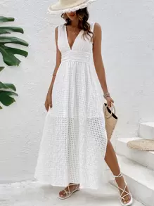 SHEIN Frenchy 深V領高衩連衣裙 - 白色 - 查看 3