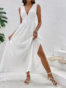SHEIN Frenchy 深V領高衩連衣裙 - 白色 - 查看 5