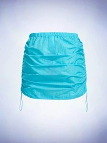 SHEIN ICON 側抽繩褶邊半身裙 - 薄荷藍 - 查看 2