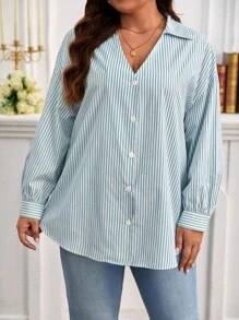 SHEIN Frenchy 大碼條紋印花落肩袖襯衫 - 綠色 - 查看 1