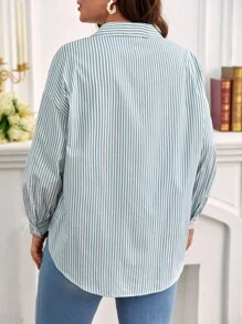 SHEIN Frenchy 大碼條紋印花落肩袖襯衫 - 綠色 - 查看 2