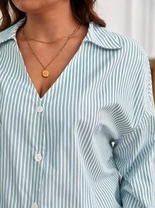 SHEIN Frenchy 大碼條紋印花落肩袖襯衫 - 綠色 - 查看 3